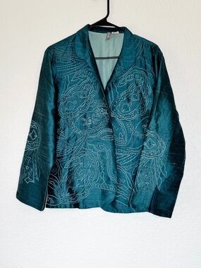 Anu Open Front Jacket L 100% Silk Embroidered Teal Emerald Lined Chic Classy